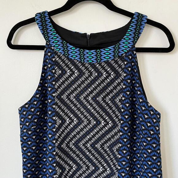 Maggy London Sleeveless Geometric Print Dress 14 Blue Green White Career Spring - Picture 2 of 11